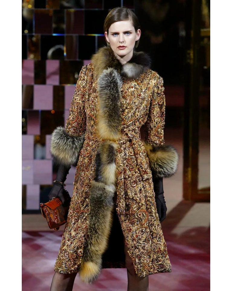 Women's Dolce & Gabbana brocade and fox fur crystal embellished evening coat, fw 2004 For Sale