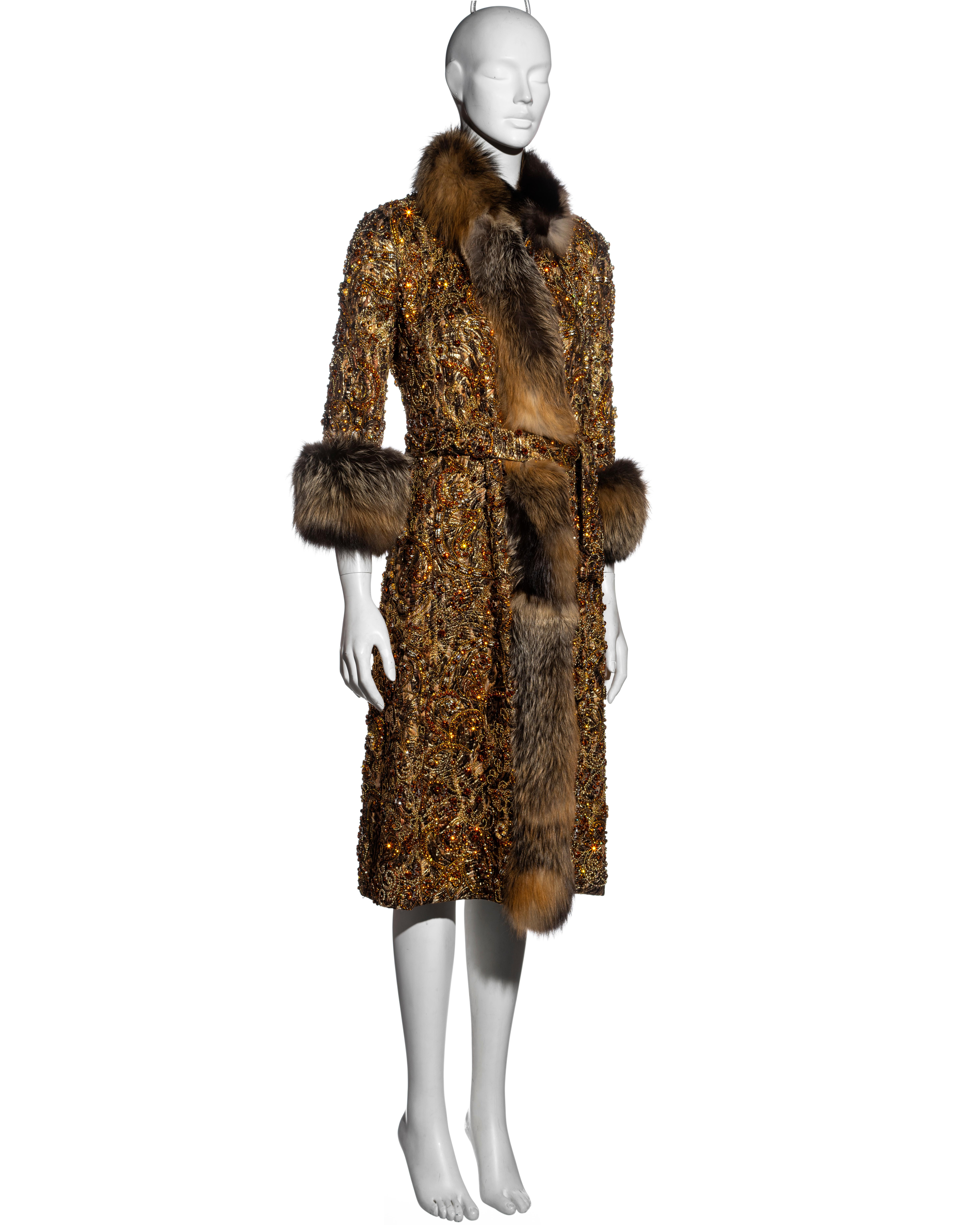 Dolce & Gabbana brocade and fox fur crystal embellished evening coat, fw 2004 In Excellent Condition For Sale In London, GB