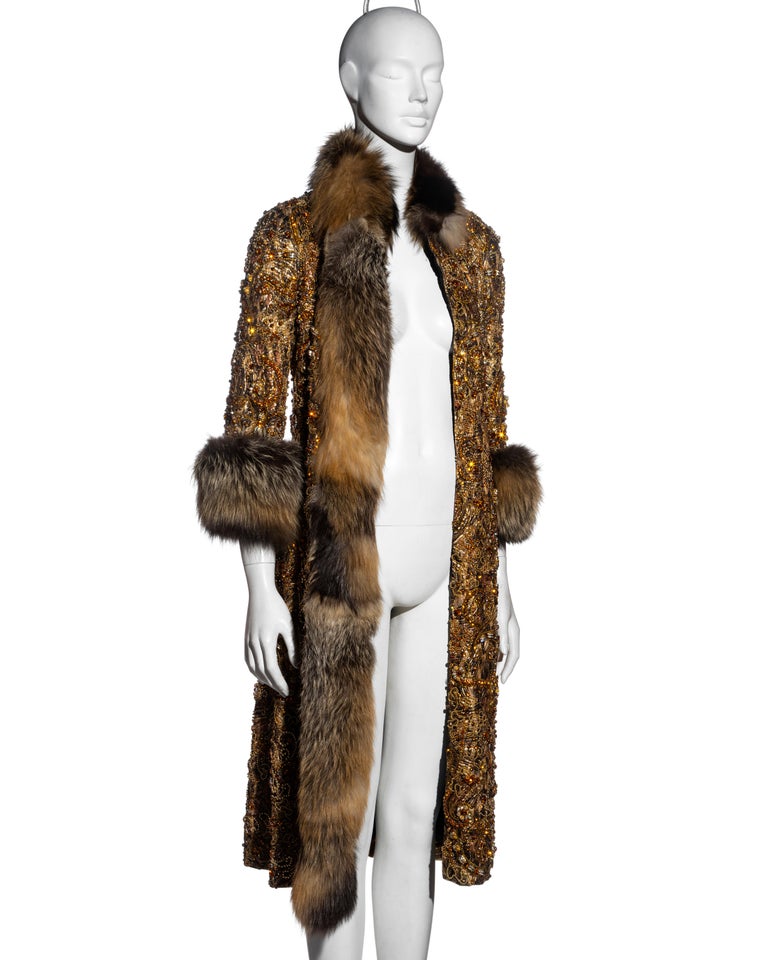 Dolce & Gabbana brocade and fox fur crystal embellished evening coat, fw 2004 For Sale 4
