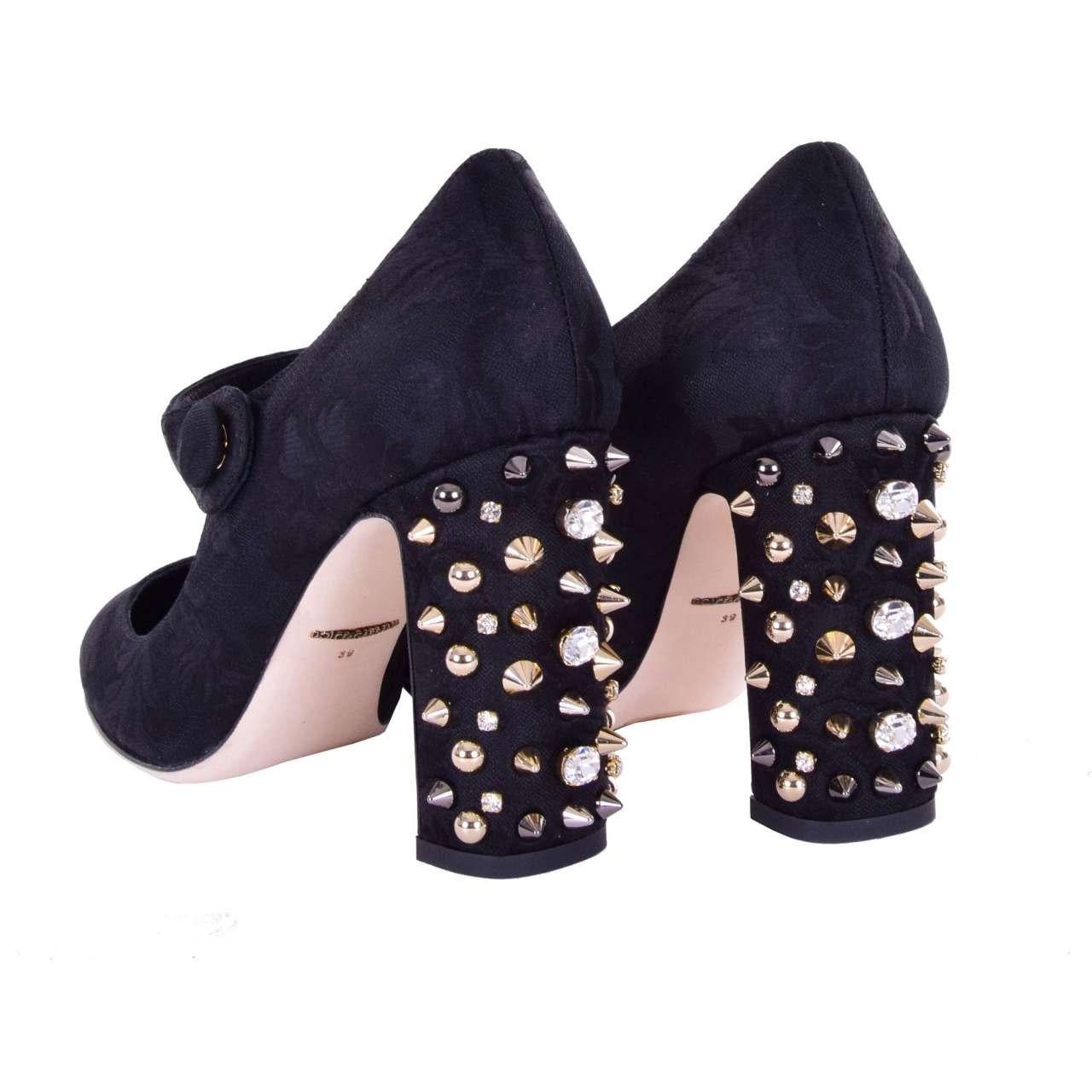- Baroque Brocade Mary Jane Pumps VALLY with crystals and studs embellished heel in black by DOLCE & GABBANA Black Label - MADE IN ITALY - Former RRP: EUR 695 - New with Box - Model: CCD0647-AE652-80999 - Material: 69% Acetat, 27% Polyester, 4%
