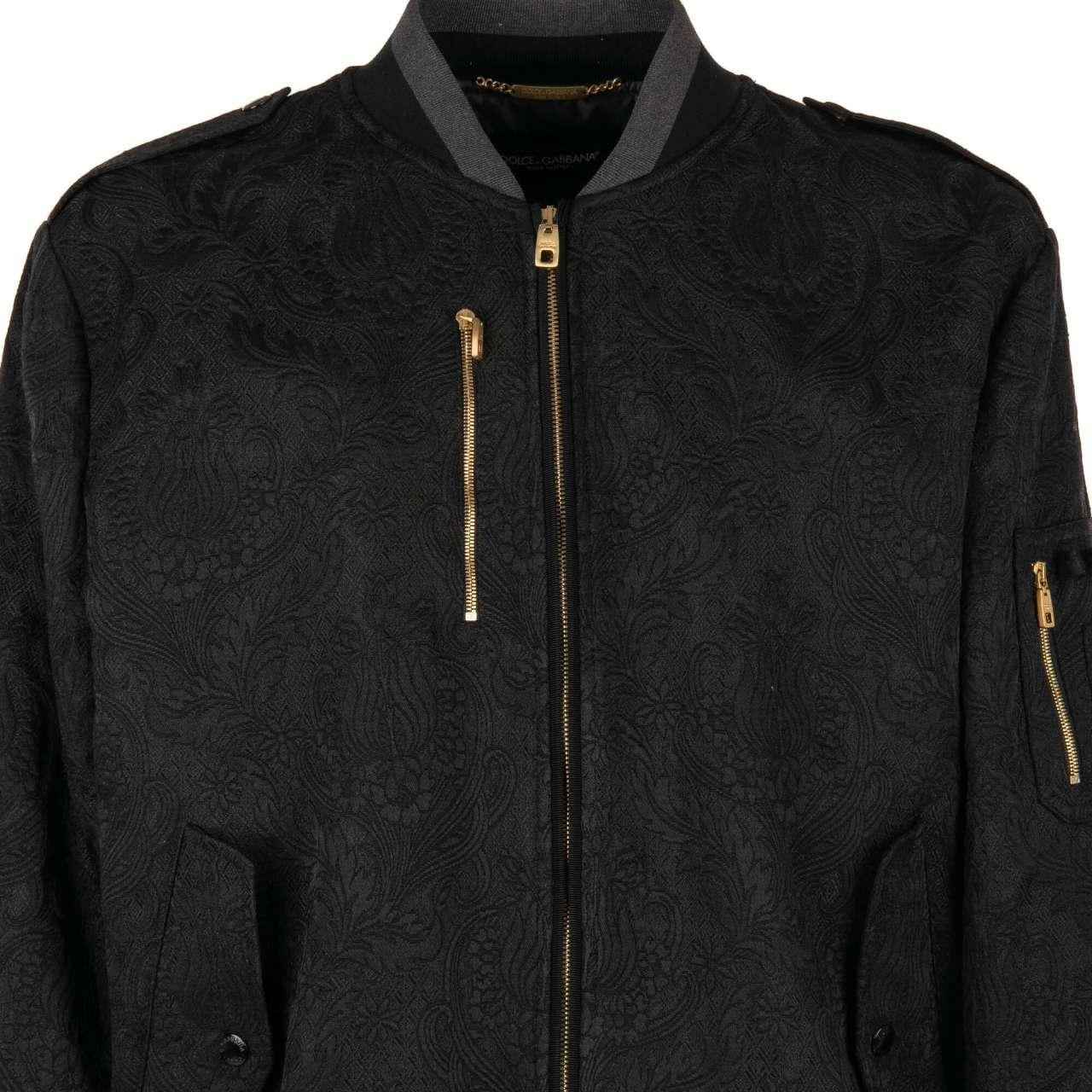Men's Dolce & Gabbana Brocade Bomber Jacket with Zip Closure and Pockets Black 56 For Sale