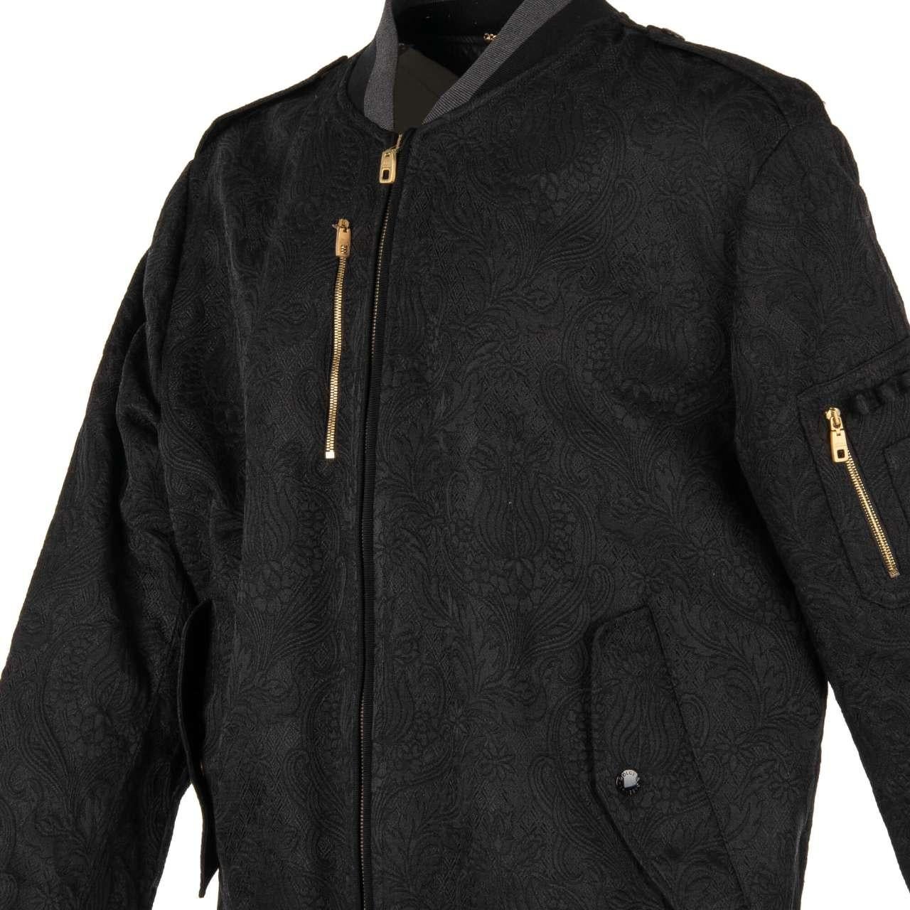Dolce & Gabbana Brocade Bomber Jacket with Zip Closure and Pockets Black 56 For Sale 1