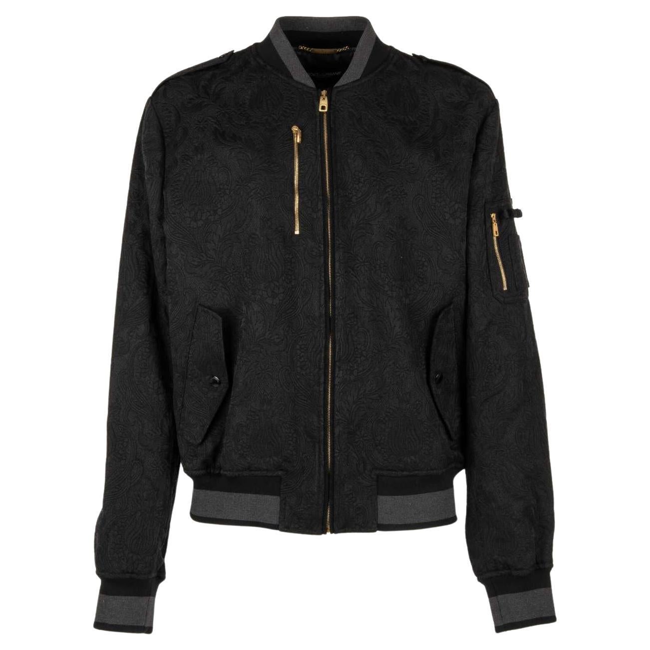 Dolce & Gabbana Brocade Bomber Jacket with Zip Closure and Pockets Black 56 For Sale