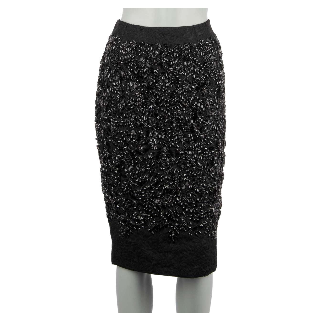 Dolce & Gabbana Brocade Crystals Skirt Black 42 For Sale