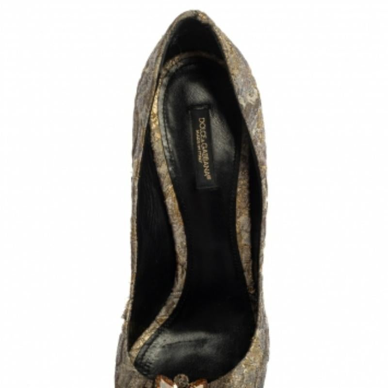 Dolce & Gabbana Brocade Fabric Bellucci Embellished Peep Toe Pumps Size 40 For Sale 2