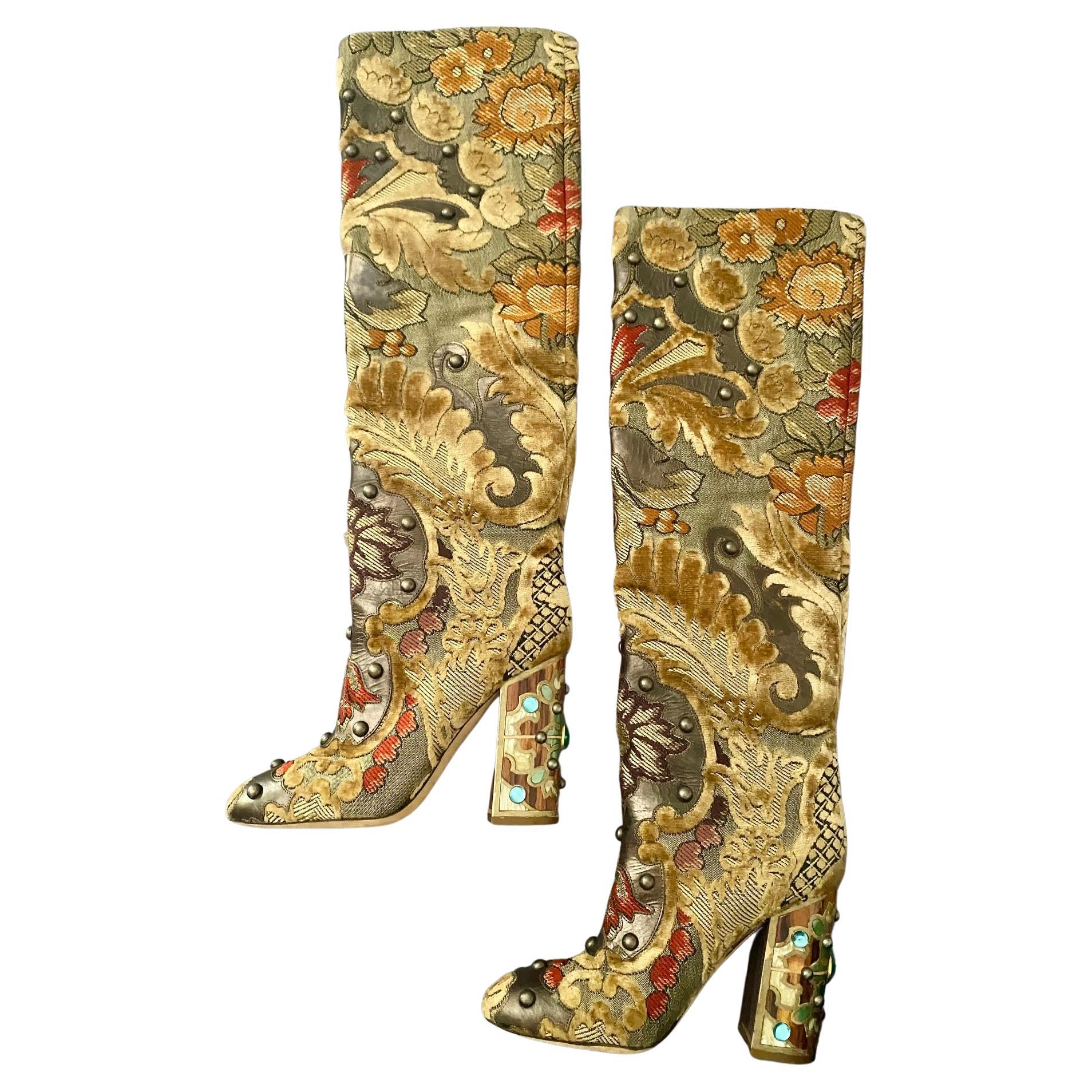 Women's Dolce & Gabbana Brocade Fabric Over The Knee Jeweled Boots
