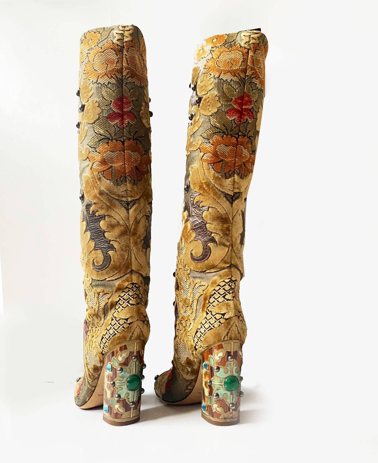 Dolce & Gabbana Brocade Fabric Over The Knee Jeweled Boots In Excellent Condition In London, GB