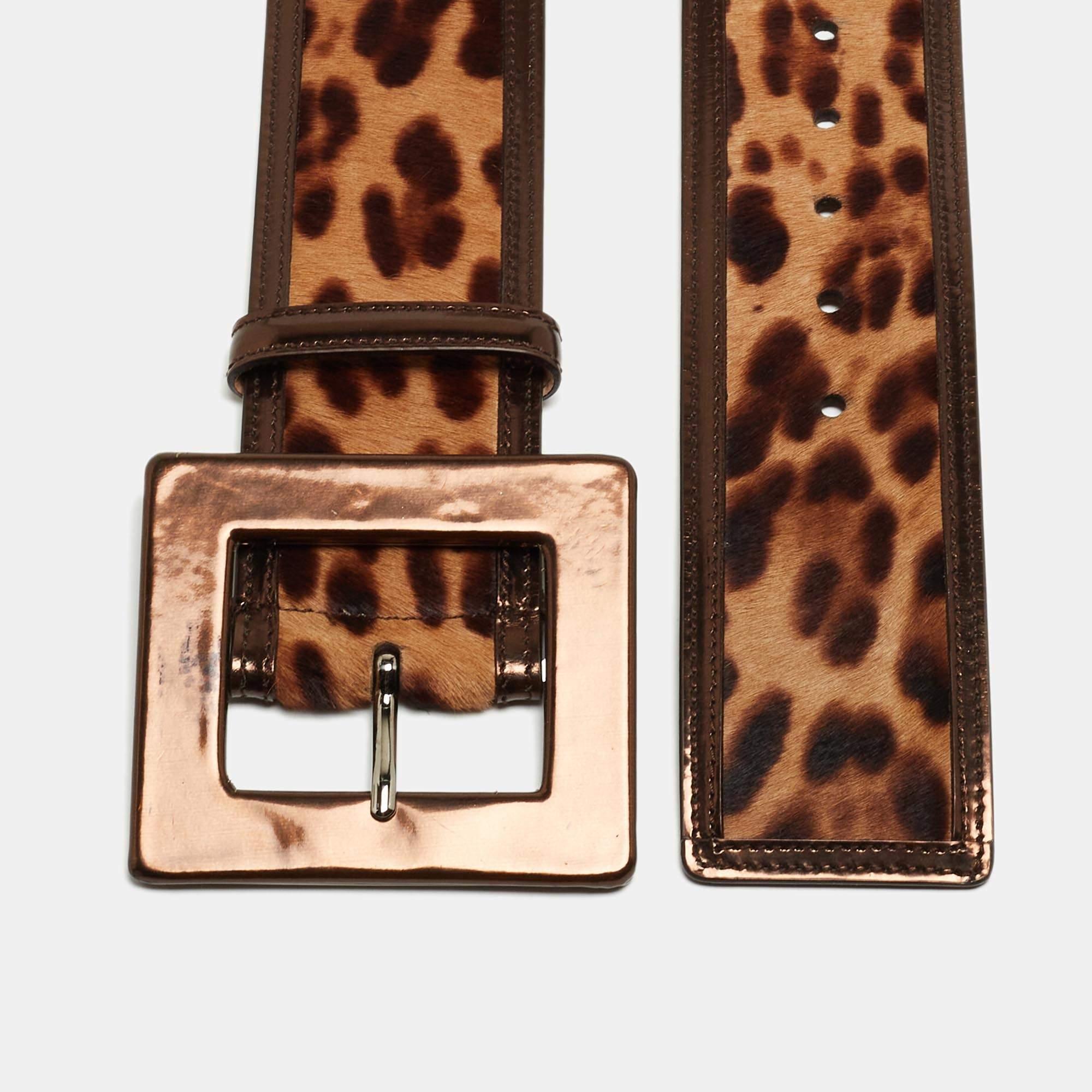 Black Dolce & Gabbana Bronze/Beige Leopard Print Calf Hair Wide Buckle Belt 80CM For Sale