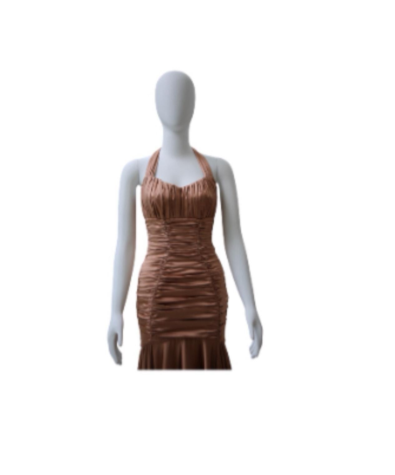 Brown Dolce & Gabbana Bronze Champagne Ruched Halter Gown – 2000s Collection For Sale