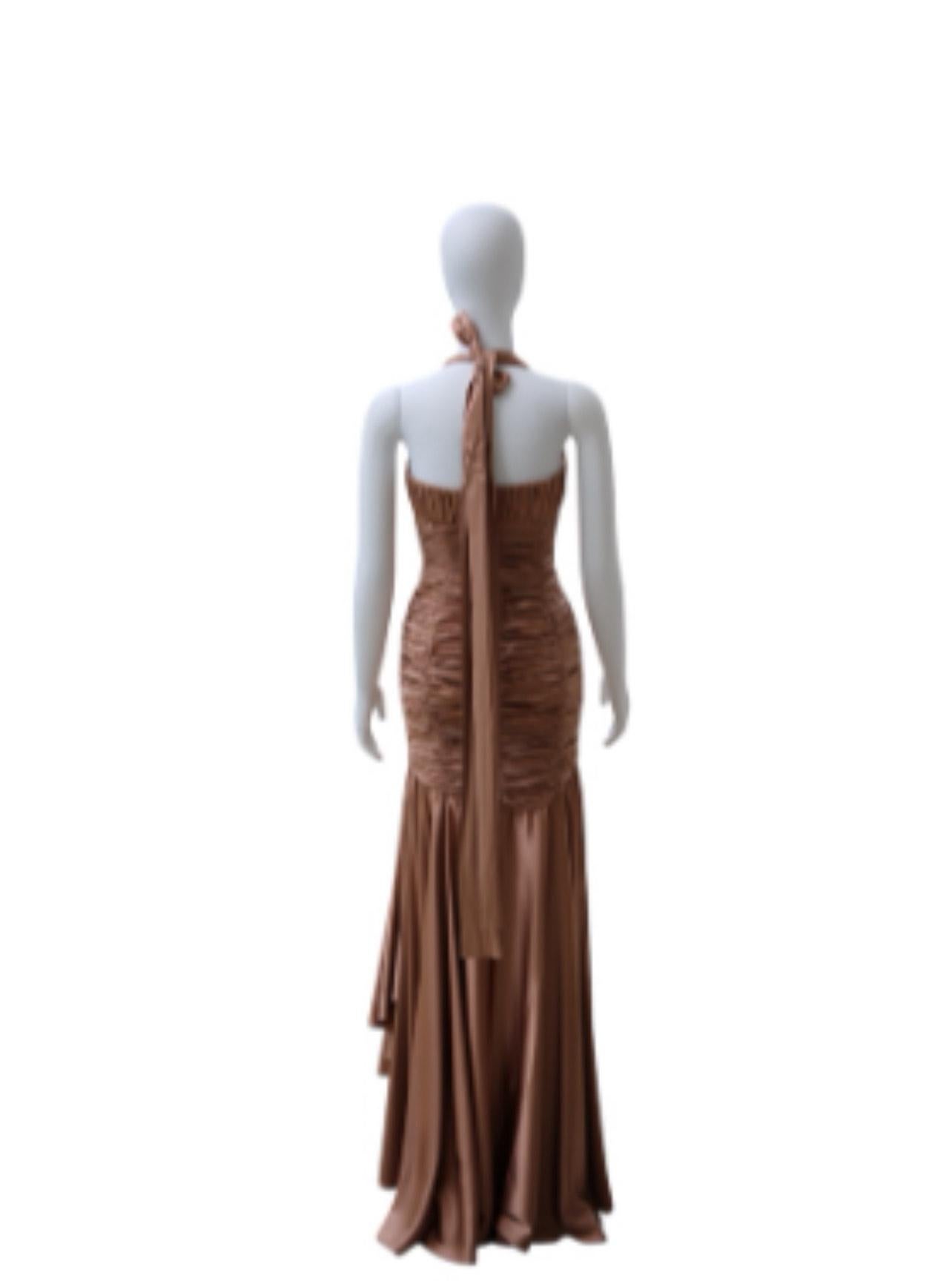 Dolce & Gabbana Bronze Champagne Ruched Halter Gown – 2000s Collection In Excellent Condition For Sale In Dallas, TX