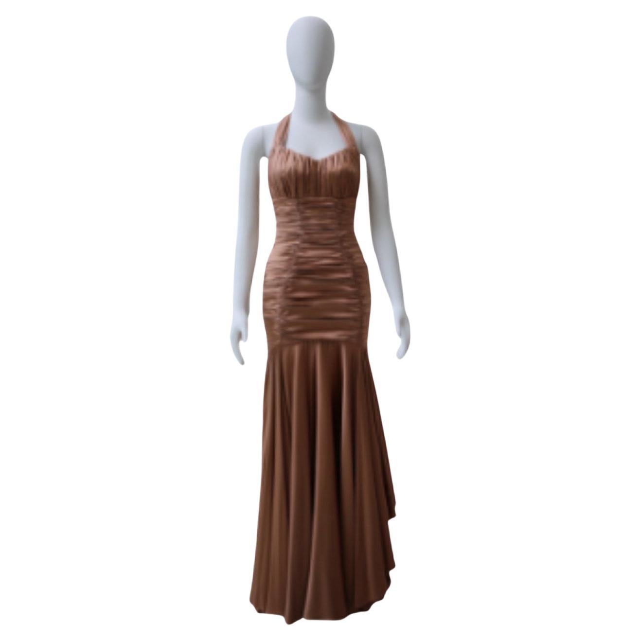 Dolce & Gabbana Bronze Champagne Ruched Halter Gown – 2000s Collection For Sale