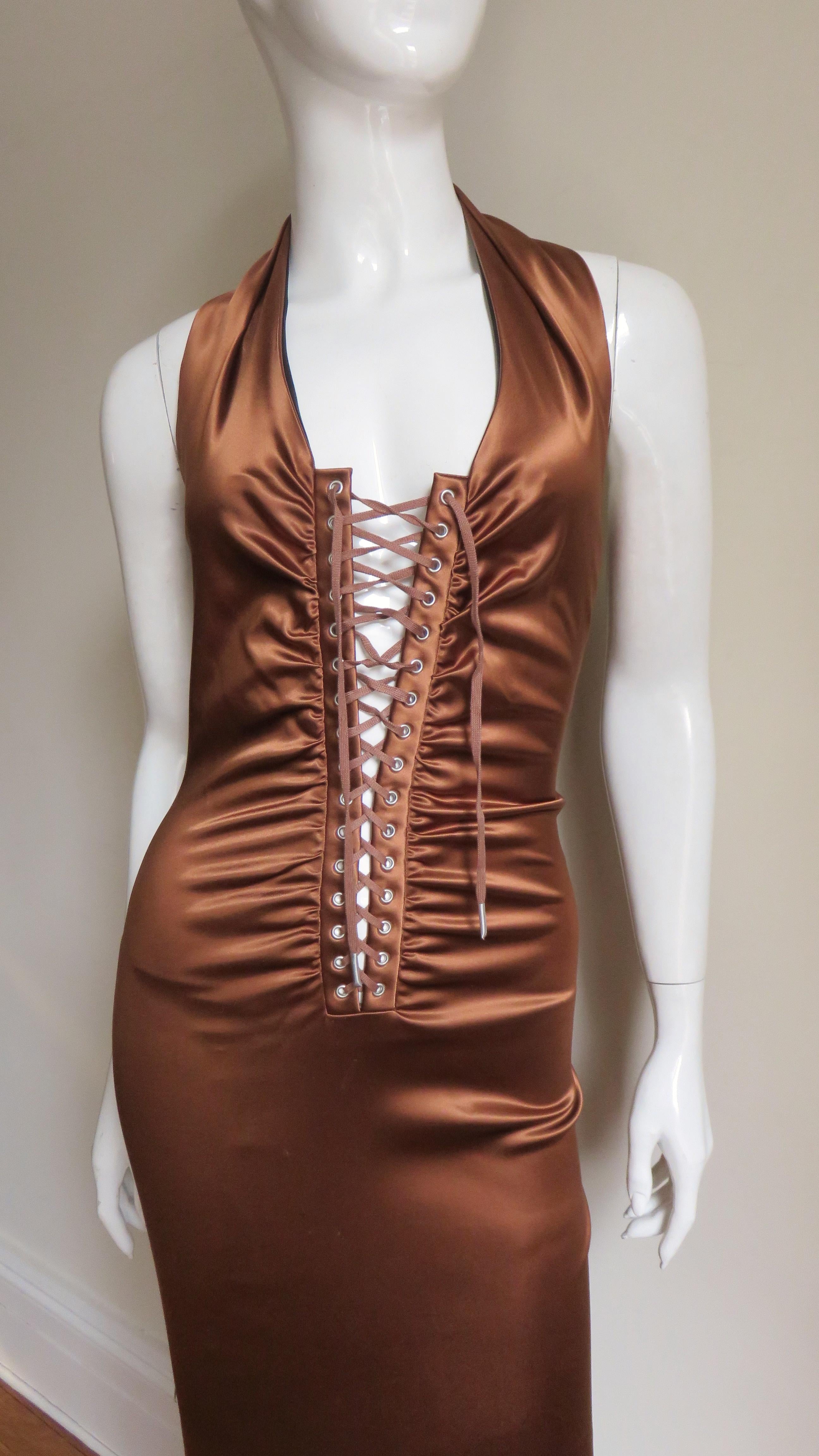 Brown Dolce & Gabbana Silk Lace up Halter Dress For Sale