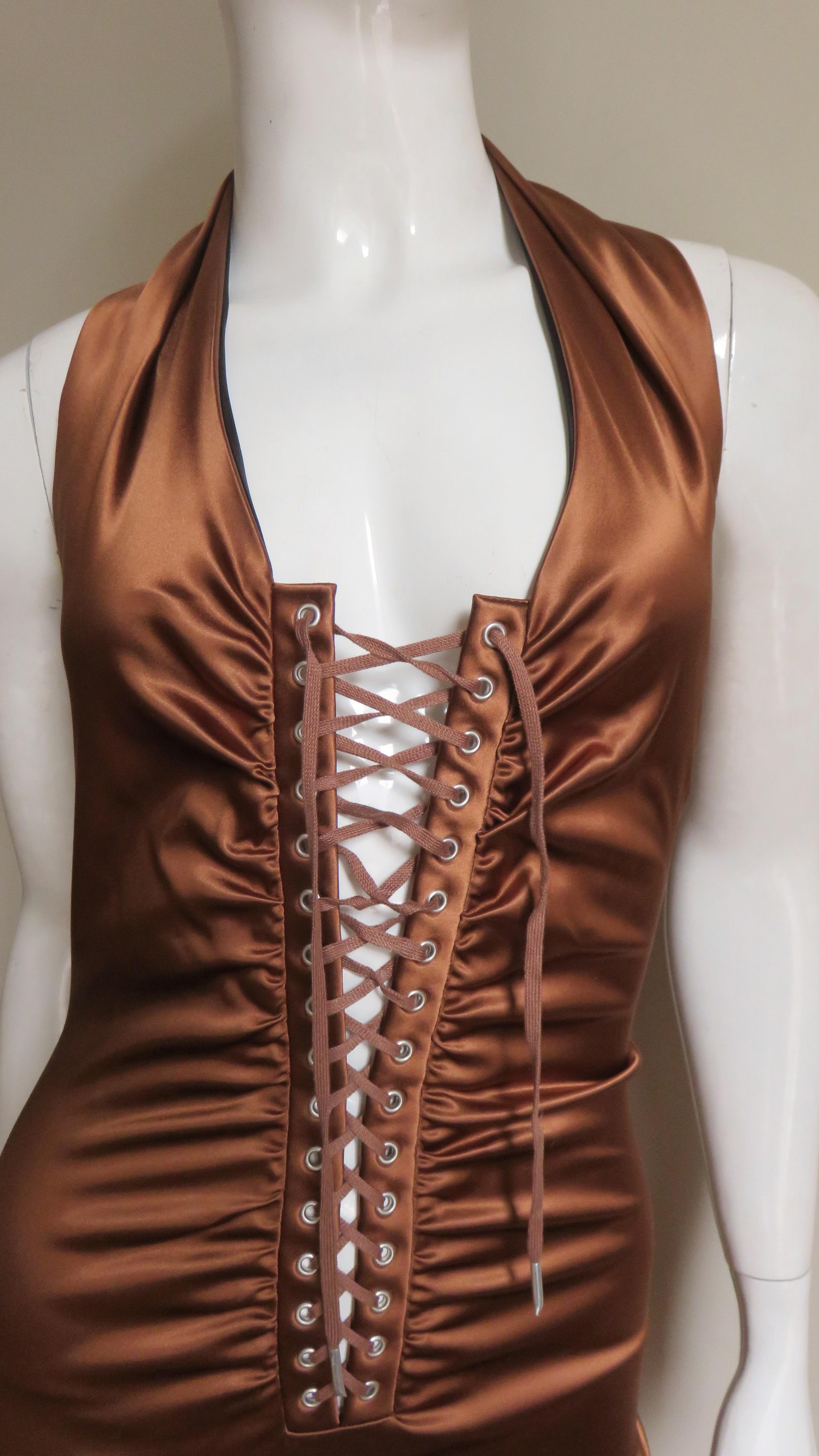 Dolce & Gabbana Silk Lace up Halter Dress In Excellent Condition For Sale In Water Mill, NY