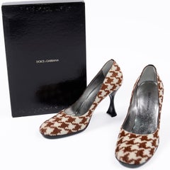 Dolce & Gabbana Brown and White Houndstooth Pumps w Round Toe & Flared Heels