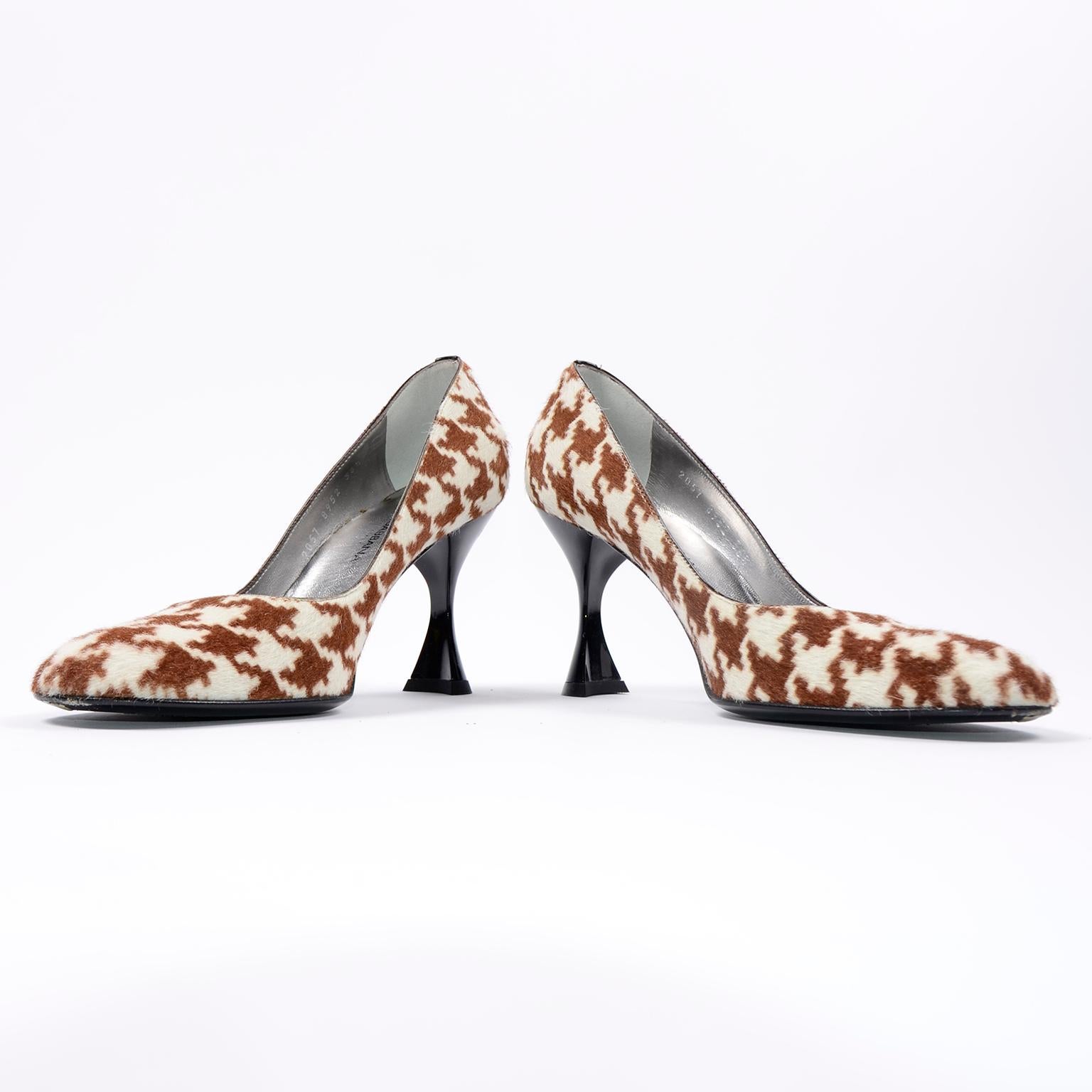 Women's Dolce & Gabbana Brown and White Houndstooth Pumps w Round Toe & Flared Heels For Sale