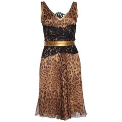 Dolce & Gabbana Brown Animal Print Chiffon Belted Sleeveless Dress S