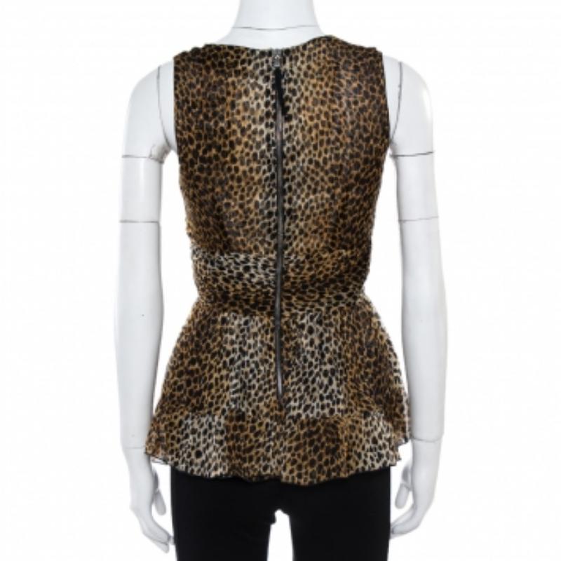 Black Dolce & Gabbana Brown Animal Print Ruffle Detail Sleeveless Top M For Sale