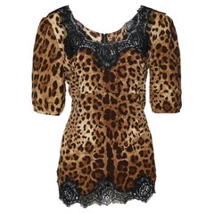 Dolce & Gabbana Brown Animal Print Silk & Lace Trimmed Blouse L