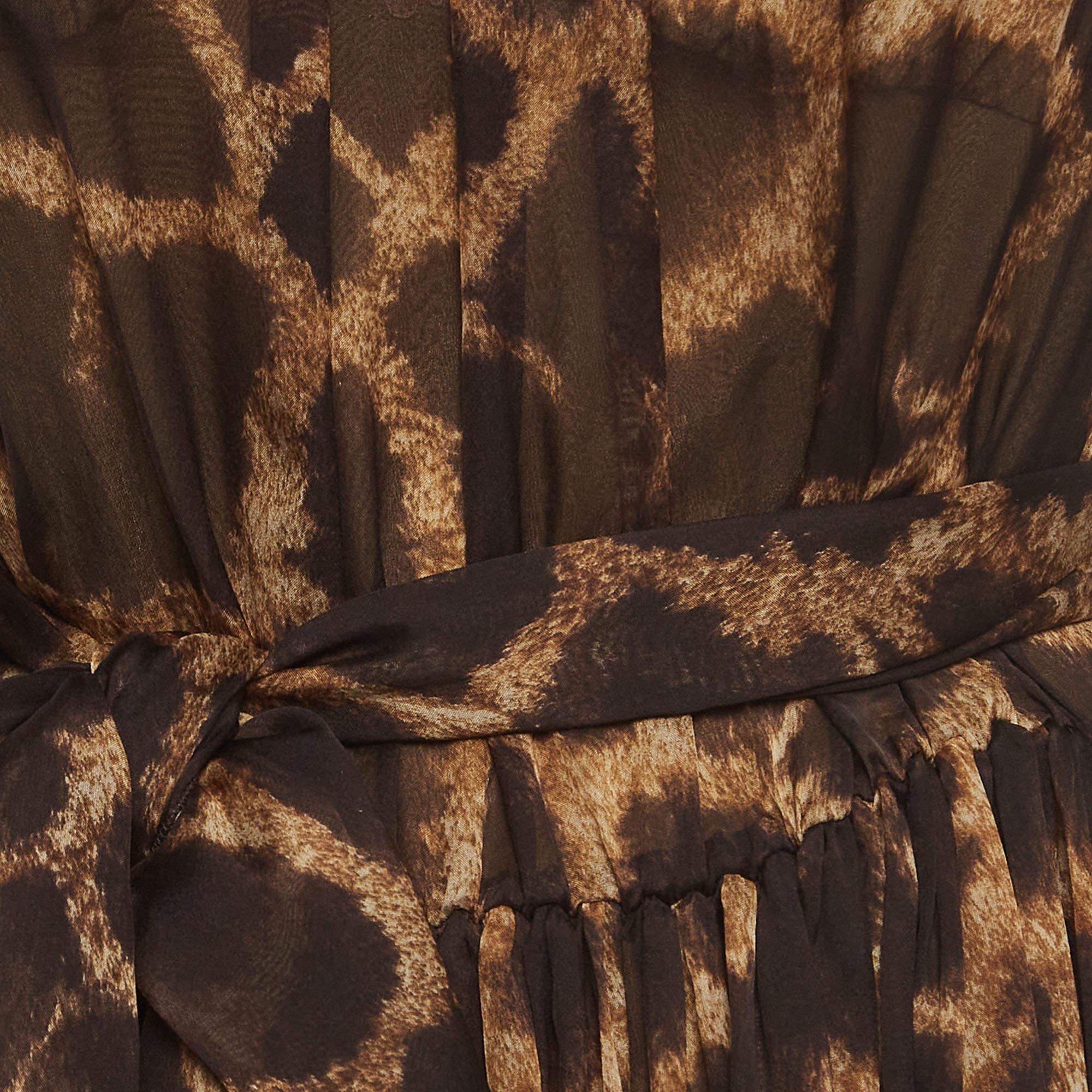 Dolce & Gabbana Brown Animal Print Silk Tie-Up Detail Mini Dress M In Excellent Condition In Dubai, Al Qouz 2