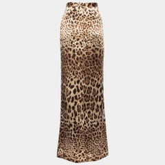 Dolce & Gabbana Brauner bedruckter Seidensatin-Maxirock mit Tiermotiven M