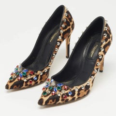 Dolce & Gabbana Brown/Beige Leopard Print Calf Hair Studded Pumps Size 37.5