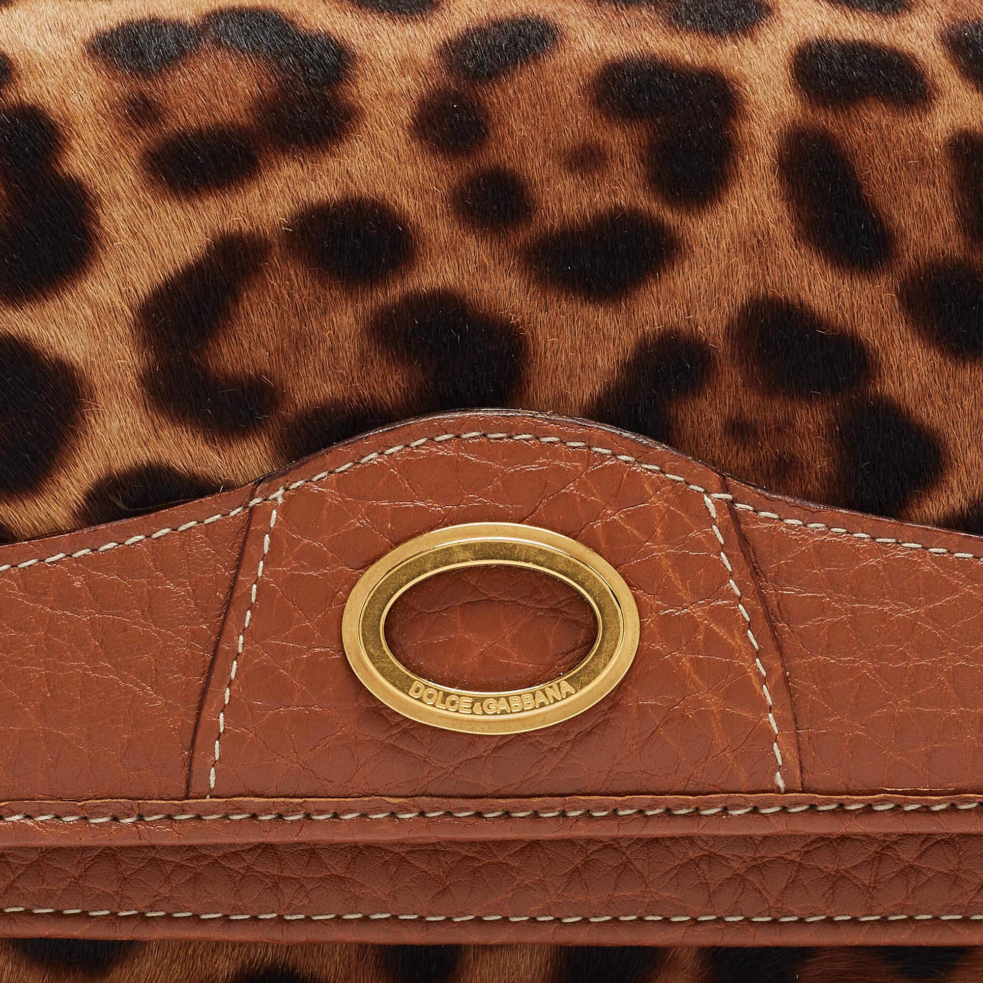 Dolce & Gabbana Brown/Beige Leopard Print Calfhair Double Continental Wallet For Sale 8