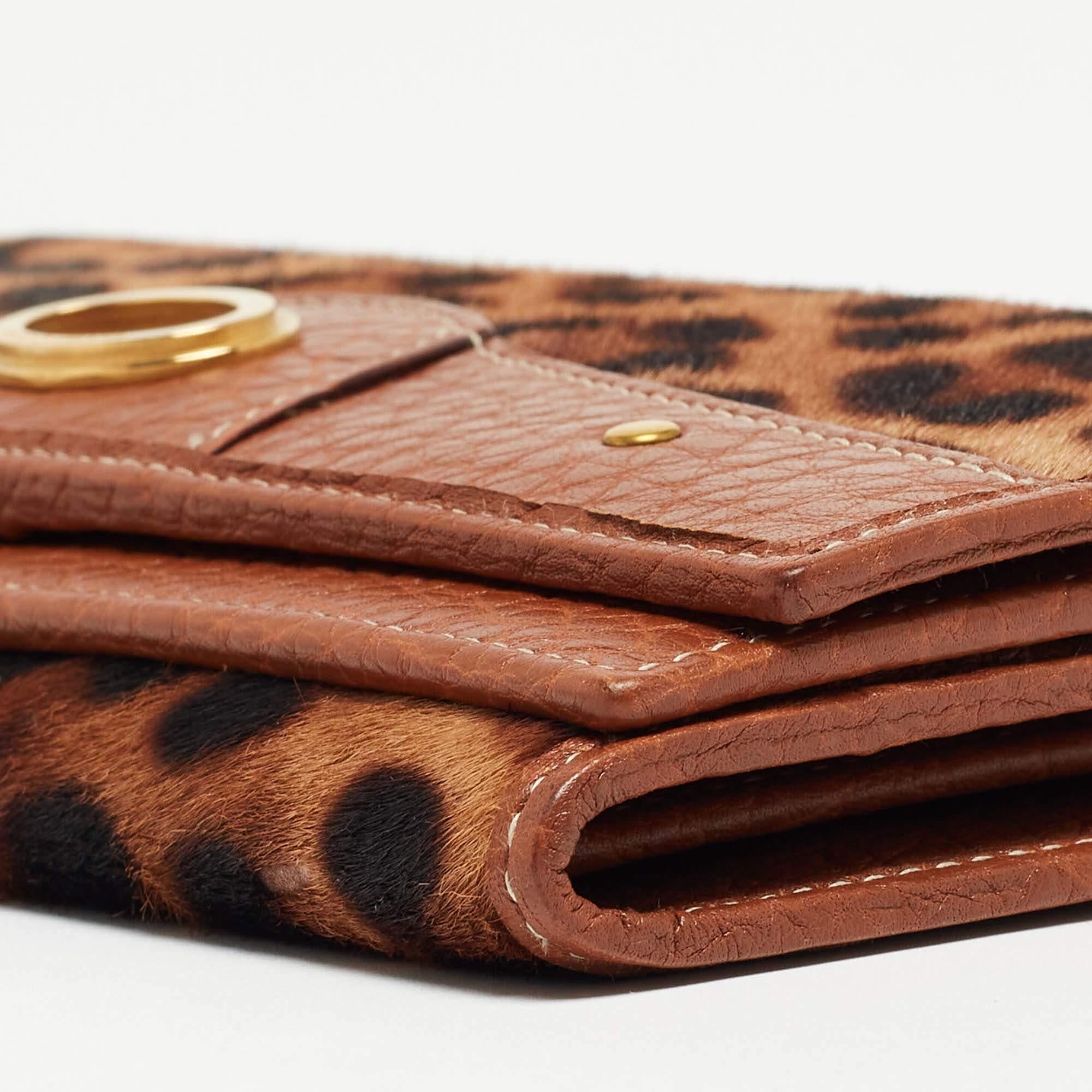 Dolce & Gabbana Brown/Beige Leopard Print Calfhair Double Continental Wallet For Sale 9