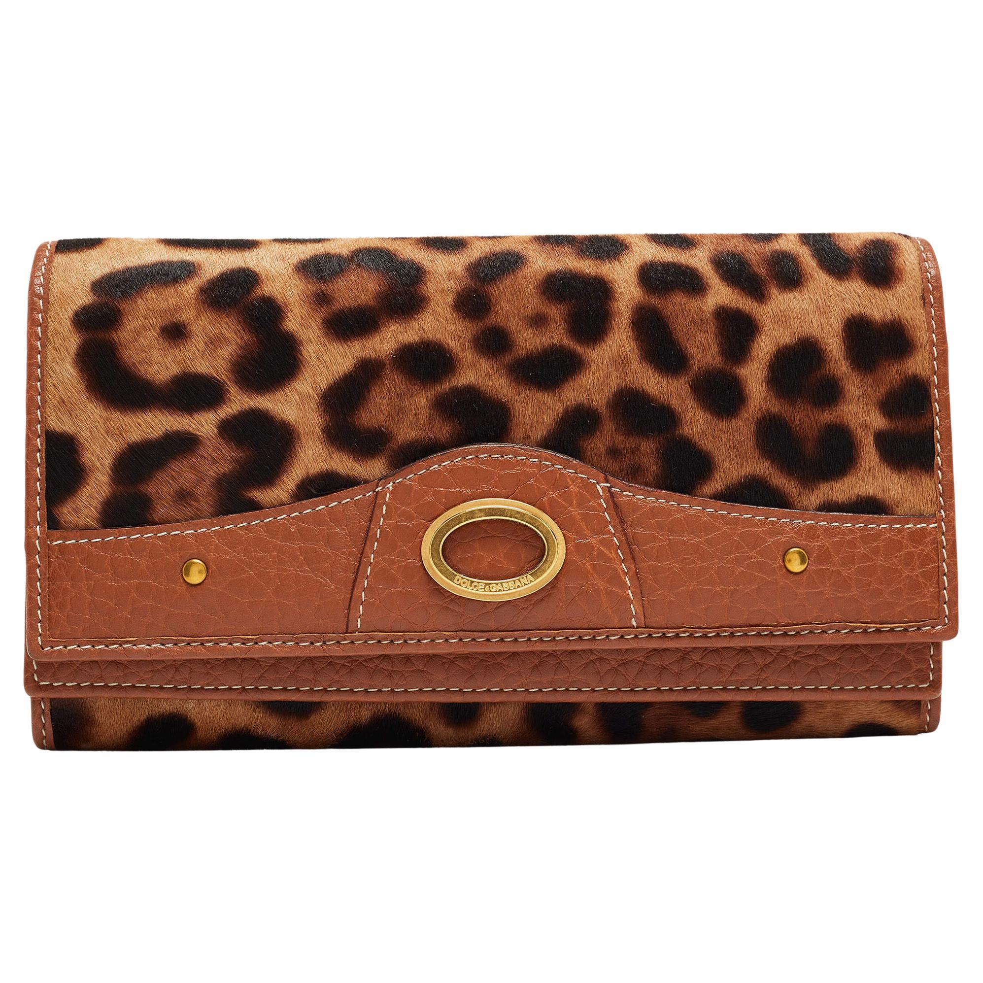 Dolce & Gabbana Brown/Beige Leopard Print Calfhair Double Continental Wallet For Sale
