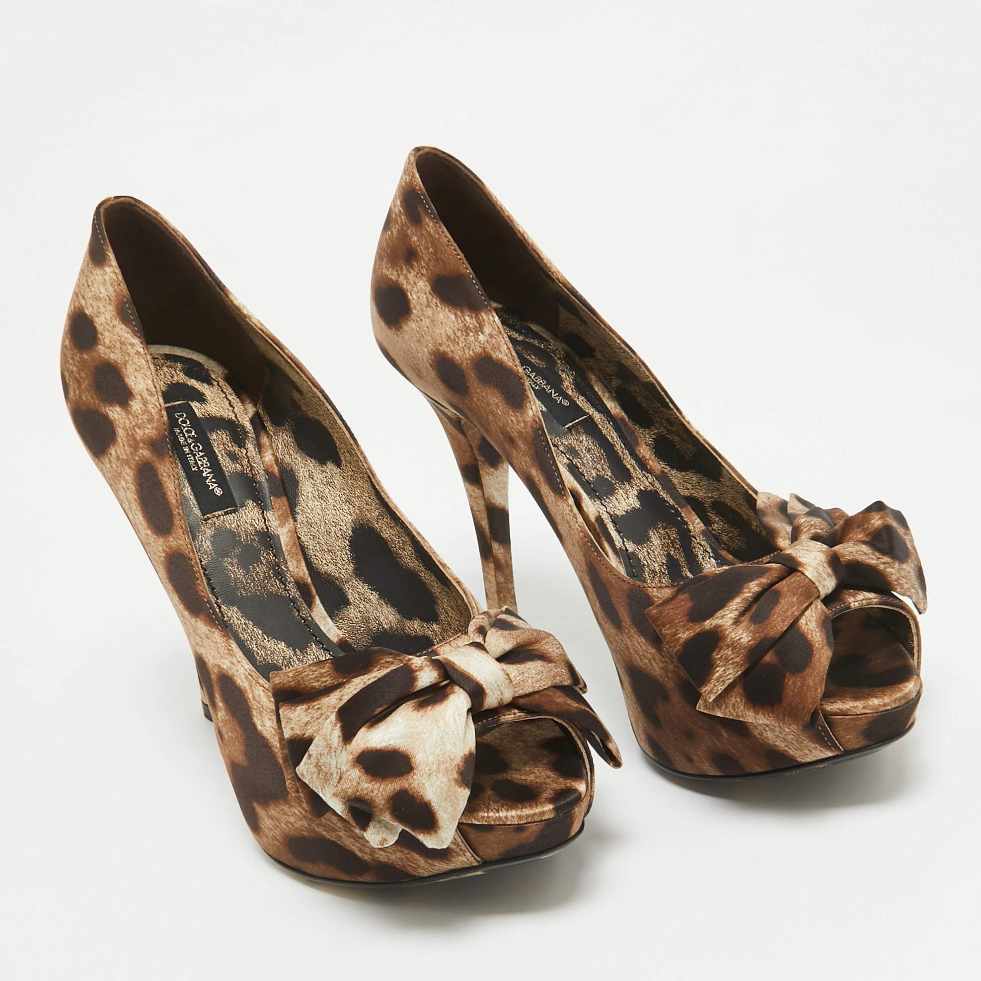 Women's Dolce & Gabbana Brown/Beige Leopard Print Satin Bow Peep Toe Pumps Size 36