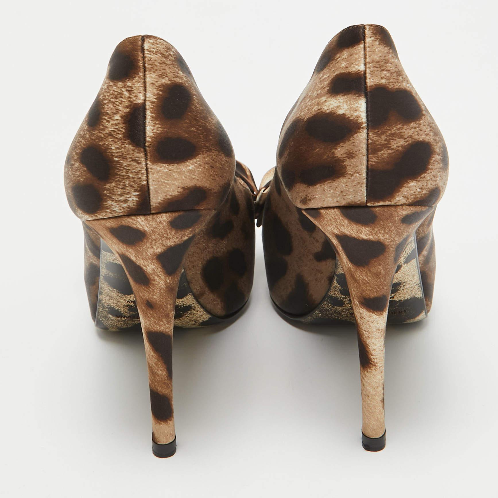 Dolce & Gabbana Brown/Beige Leopard Print Satin Bow Peep Toe Pumps Size 36 1