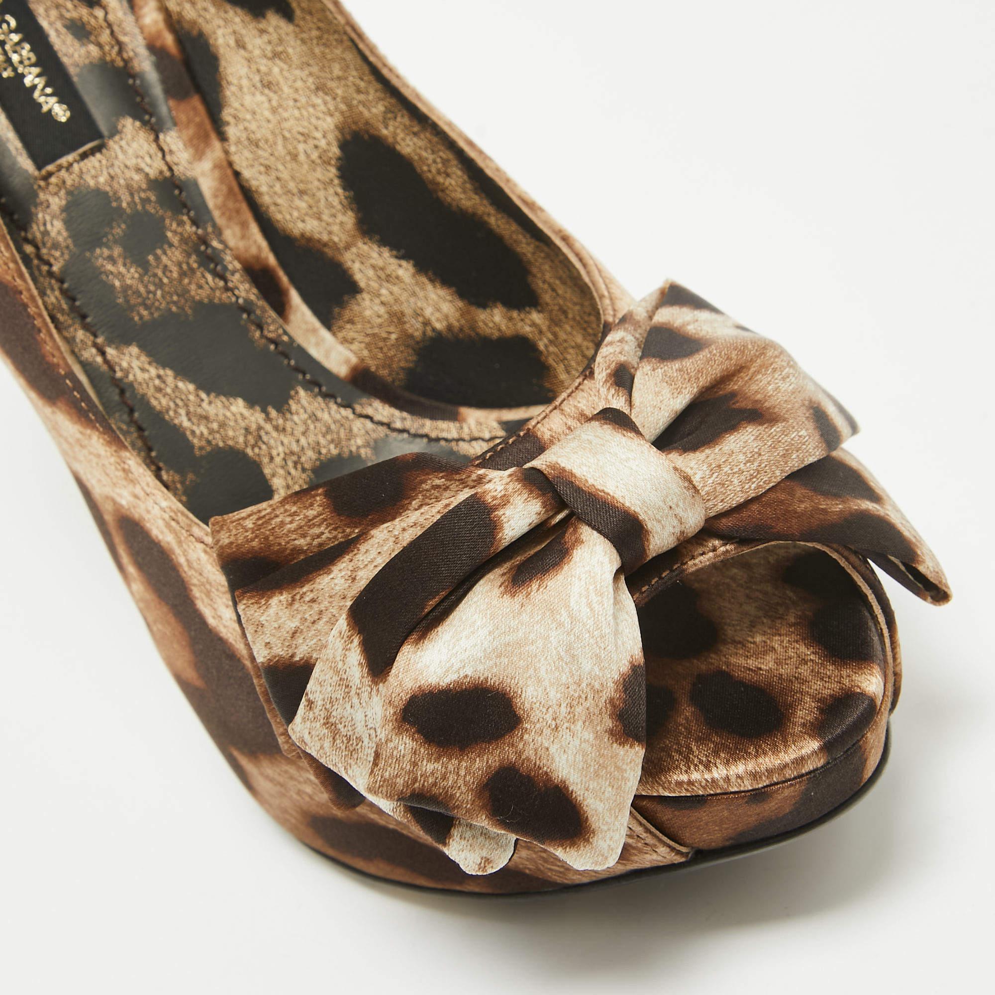 Dolce & Gabbana Brown/Beige Leopard Print Satin Bow Peep Toe Pumps Size 36 3