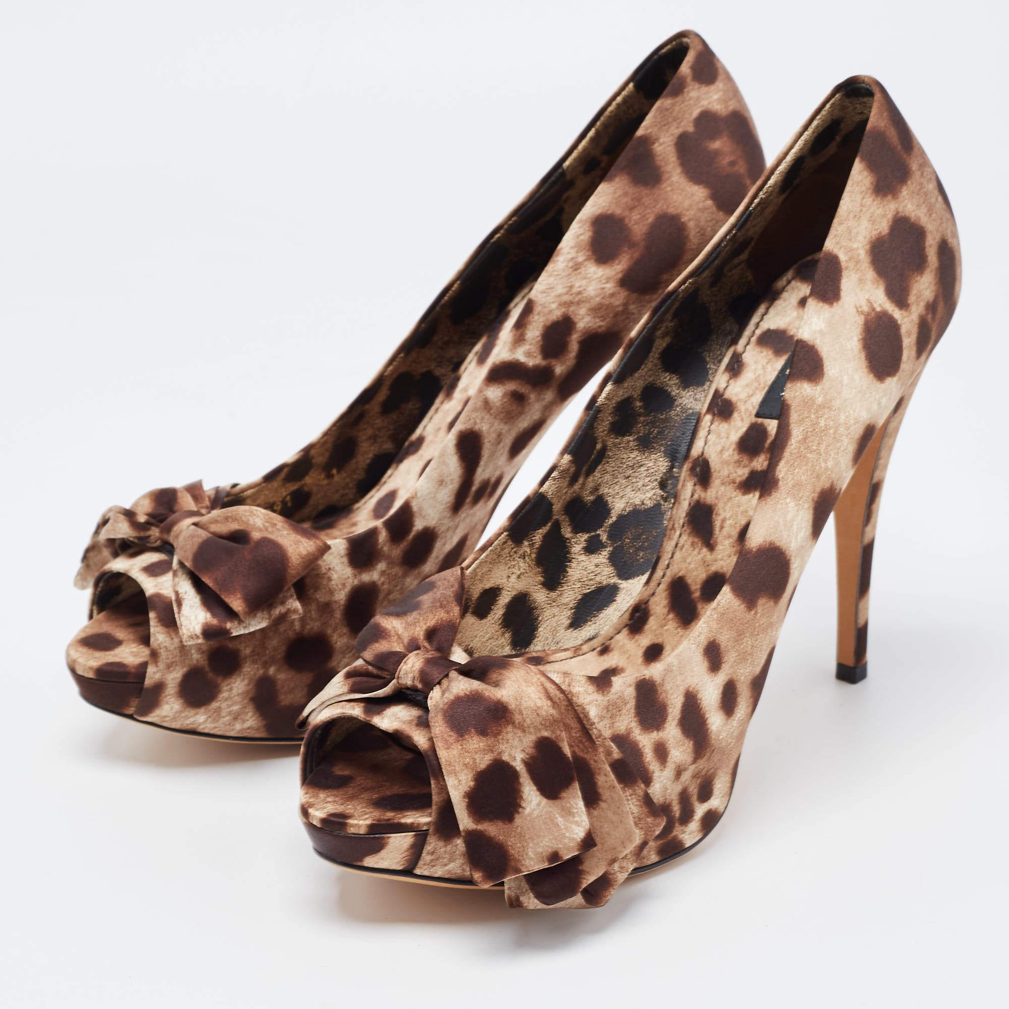 Women's Dolce & Gabbana Brown/Beige Leopard Print Satin Bow Peep Toe Pumps Size 41