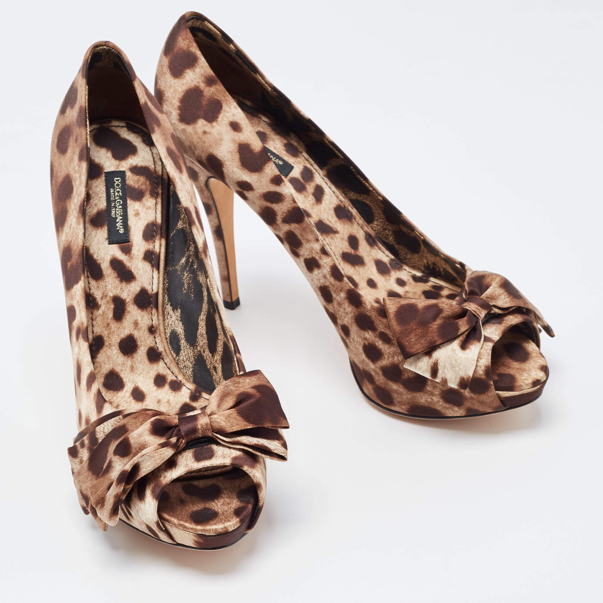 Dolce & Gabbana Brown/Beige Leopard Print Satin Bow Peep Toe Pumps Size 41 1