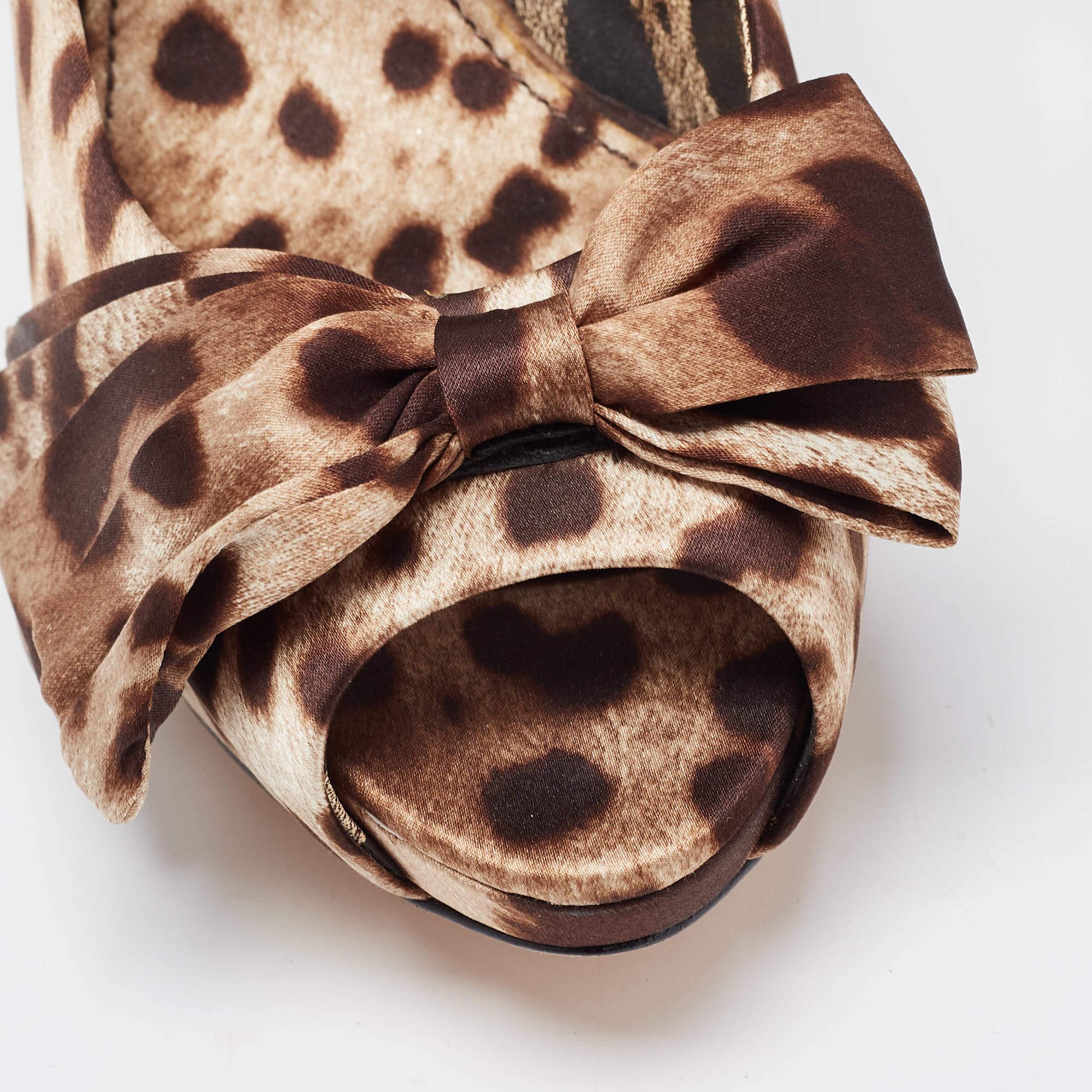 Dolce & Gabbana Brown/Beige Leopard Print Satin Bow Peep Toe Pumps Size 41 3