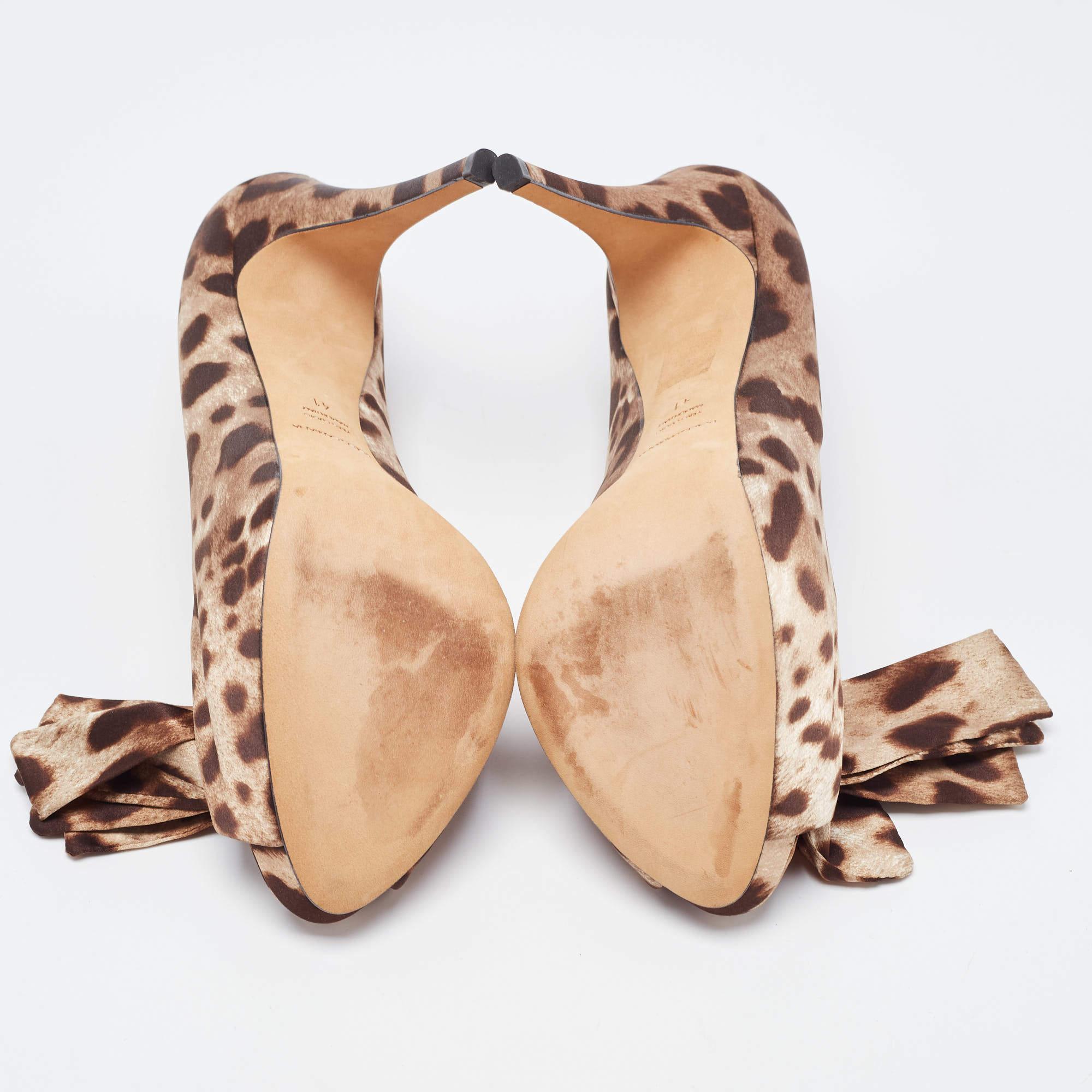 Dolce & Gabbana Brown/Beige Leopard Print Satin Bow Peep Toe Pumps Size 41 4