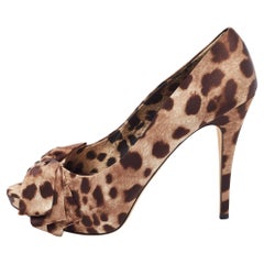 Dolce & Gabbana Brown/Beige Leopard Print Satin Bow Peep Toe Pumps Size 41