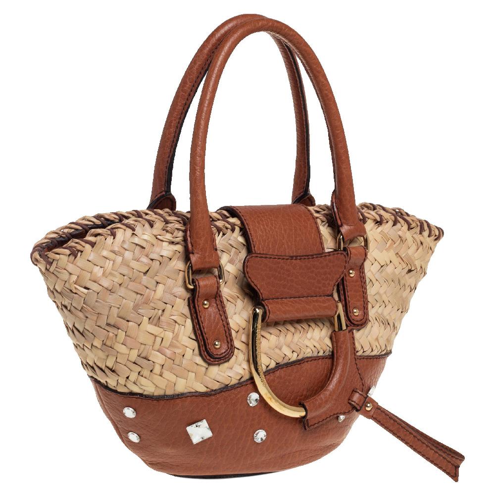 Dolce & Gabbana Brown/Beige Raffia and Leather Small Crystal Embellished Tote In Good Condition In Dubai, Al Qouz 2