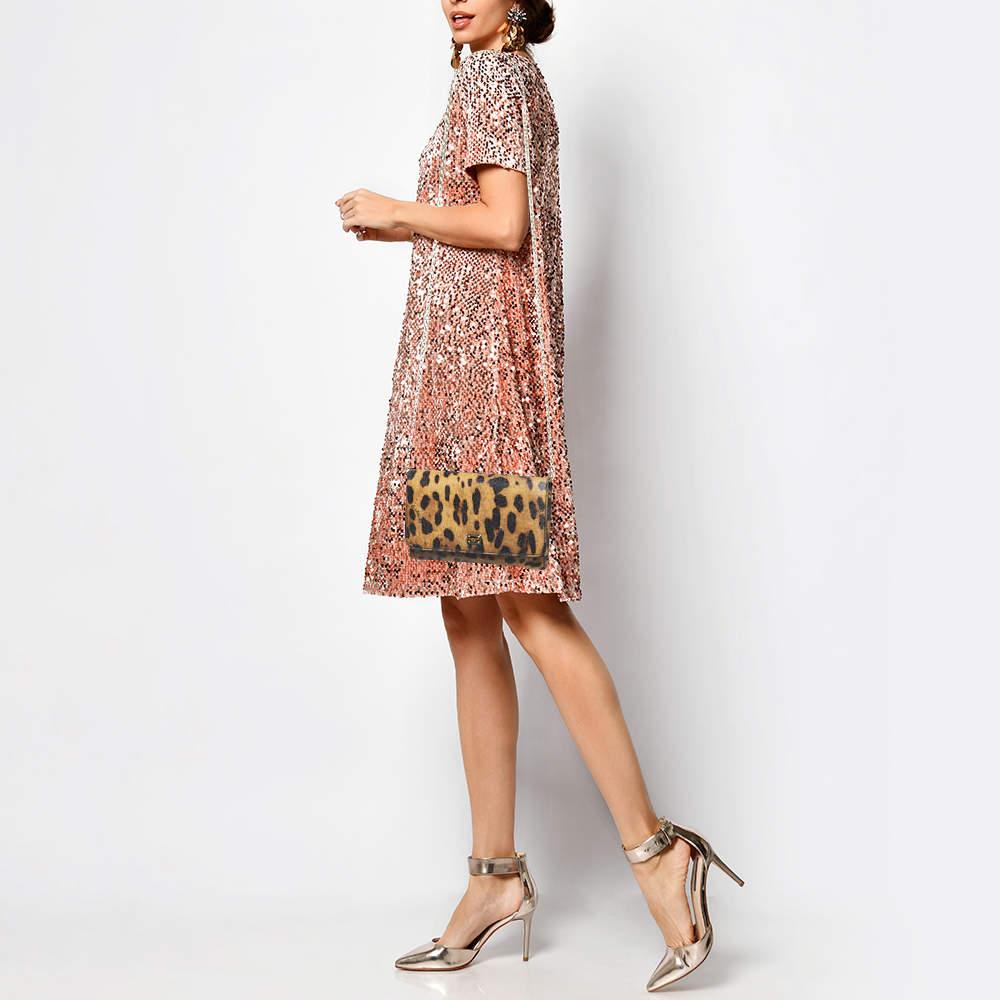 Dolce & Gabbana Brown/Black Leopard Print Coated Canvas Flap Chain Clutch In Good Condition In Dubai, Al Qouz 2