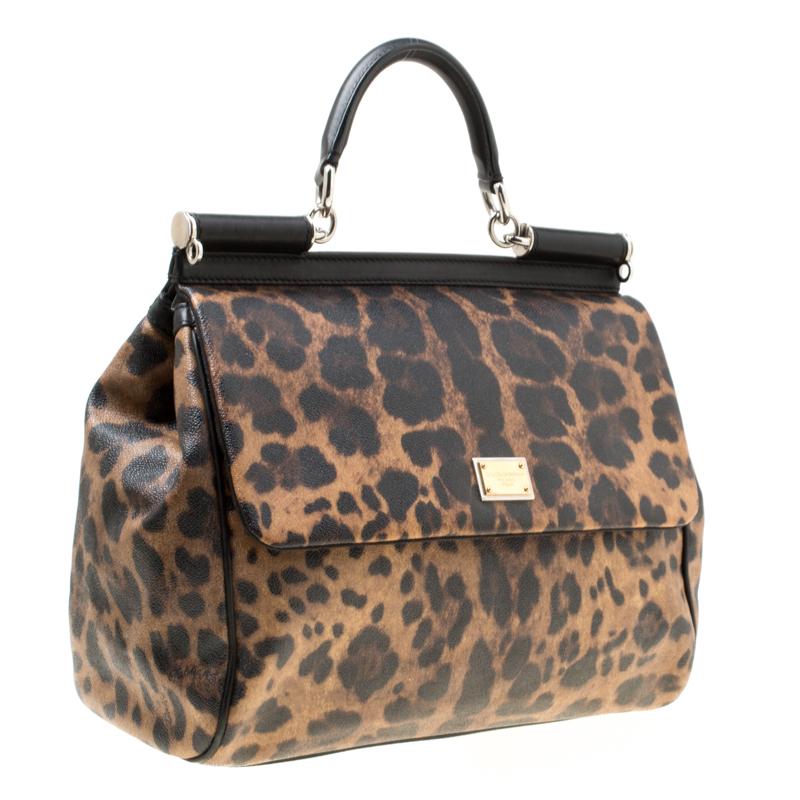 Gray Dolce & Gabbana Brown/Black Leopard Print  Large Miss Sicily Top Handle Bag