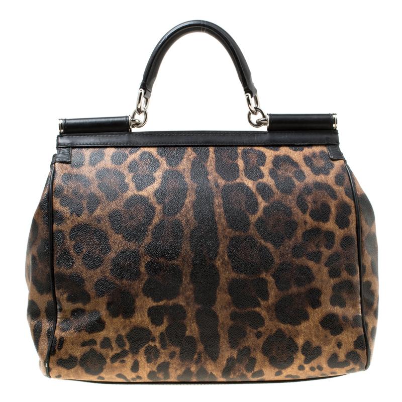 Women's Dolce & Gabbana Brown/Black Leopard Print  Large Miss Sicily Top Handle Bag