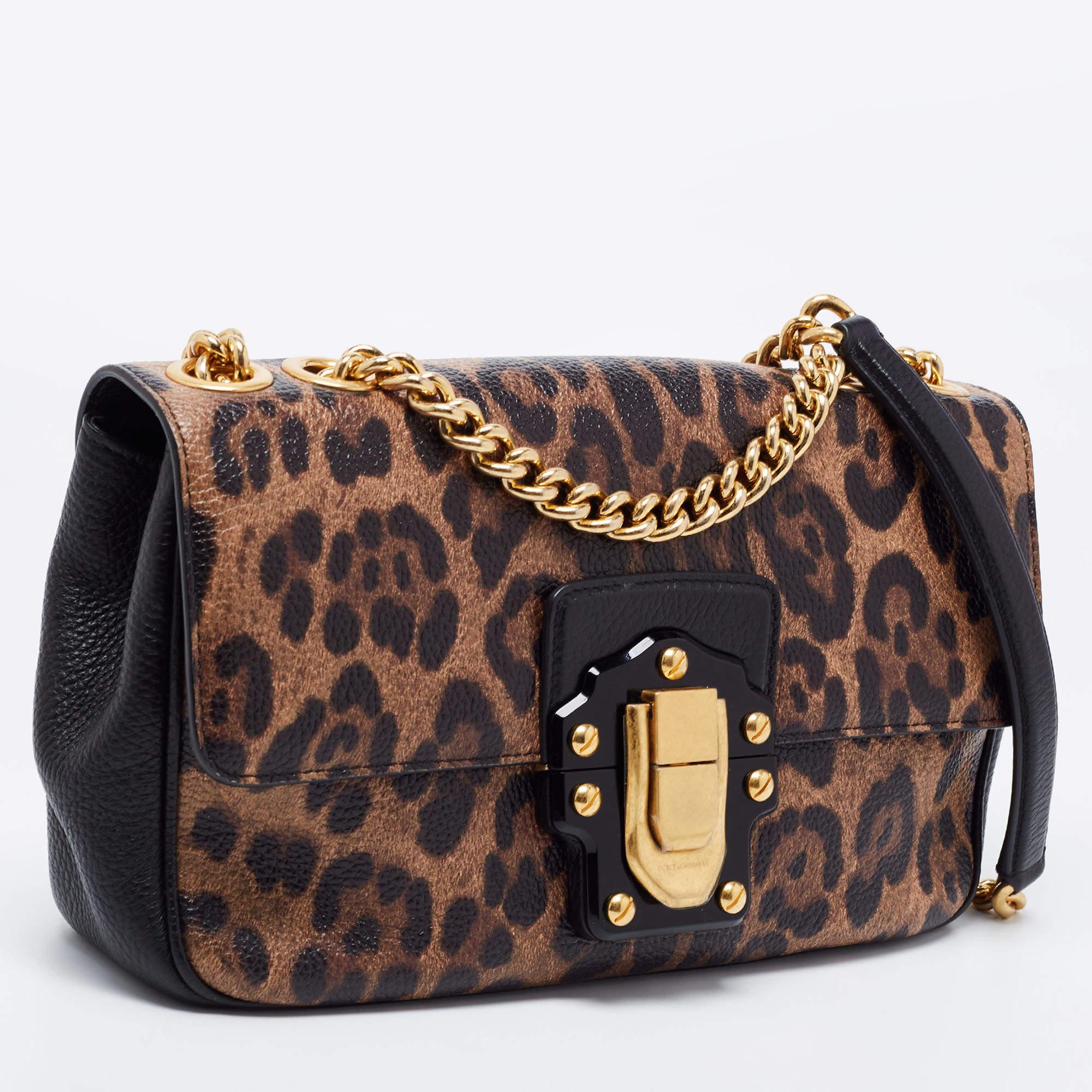 Women's Dolce & Gabbana Brown/Black Leopard Print Leather Lucia Shoulder Bag