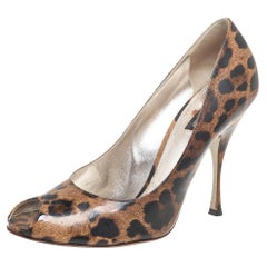 Dolce & Gabbana Brown/Black Leopard Print Leather Peep-Toe Pumps Size 41