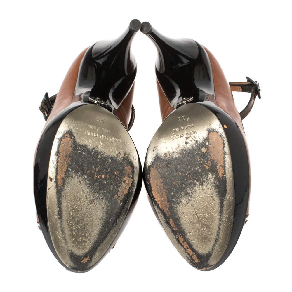 Dolce & Gabbana Brown/Black Patent and Leather Peep Ankle Strap Pumps Size 38 2
