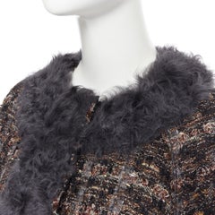 DOLCE GABBANA brown black wool tweed shearling fur trimmed cape poncho jacket XS