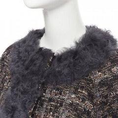 DOLCE GABBANA brown black wool tweed shearling fur trimmed cape poncho jacket XS