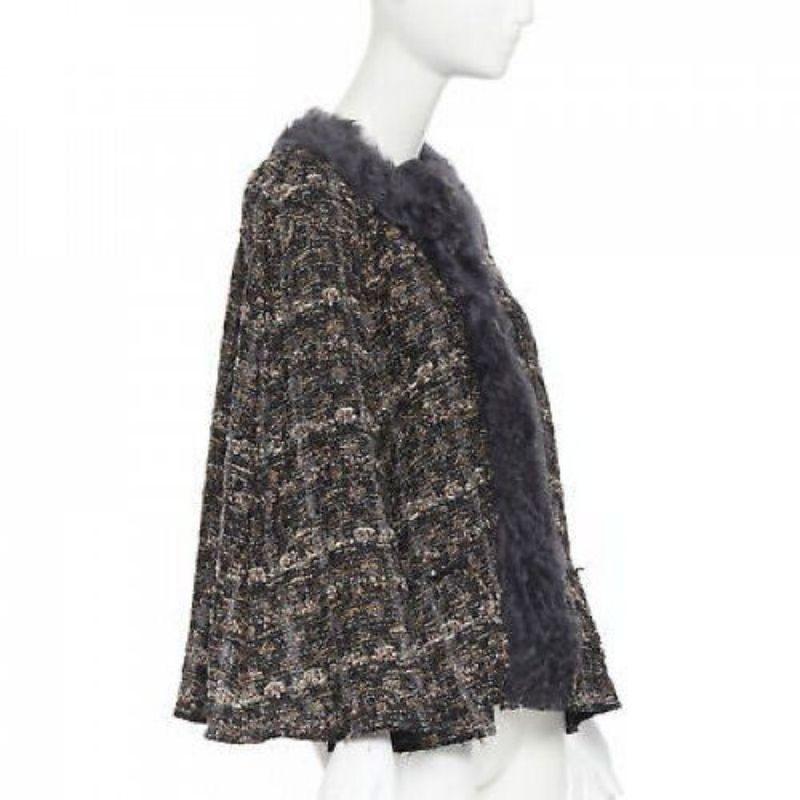 Black DOLCE GABBANA brown black wool tweed shearling fur trimmed cape poncho jacket XS For Sale