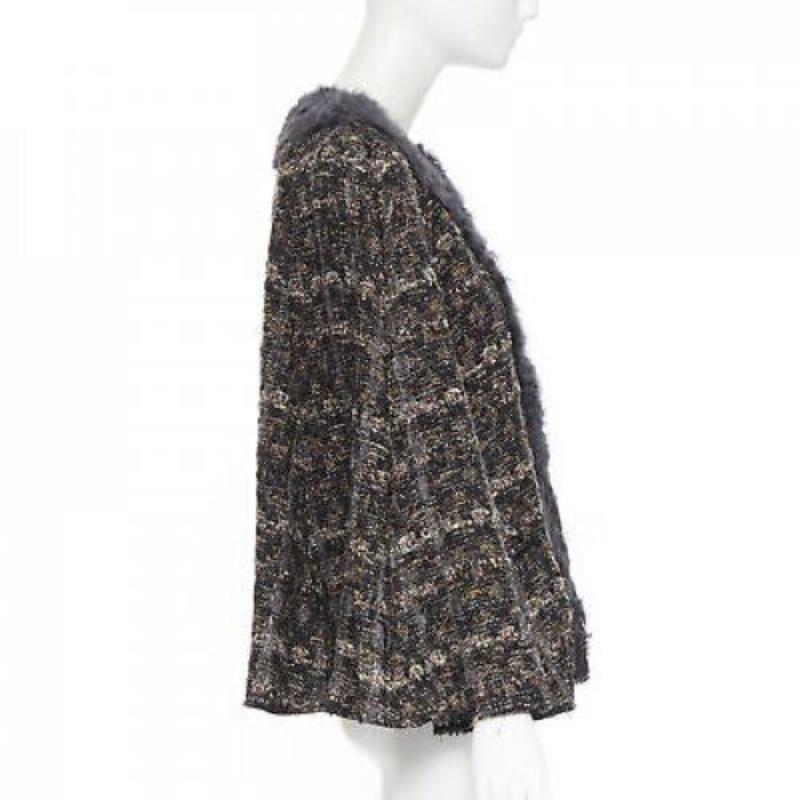 DOLCE GABBANA brown black wool tweed shearling fur trimmed cape poncho jacket XS In Excellent Condition For Sale In Hong Kong, NT