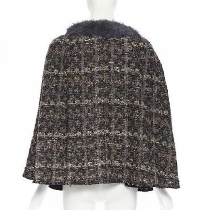 Women's DOLCE GABBANA brown black wool tweed shearling fur trimmed cape poncho jacket XS For Sale