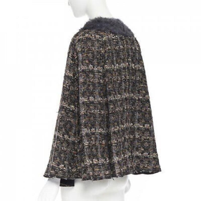 DOLCE GABBANA brown black wool tweed shearling fur trimmed cape poncho jacket XS For Sale 1