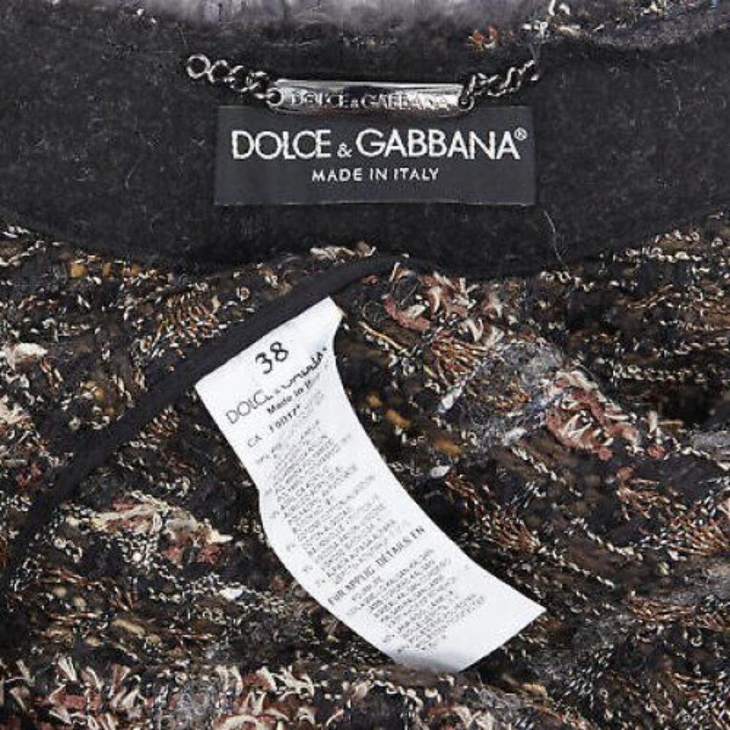 DOLCE GABBANA brown black wool tweed shearling fur trimmed cape poncho jacket XS For Sale 4